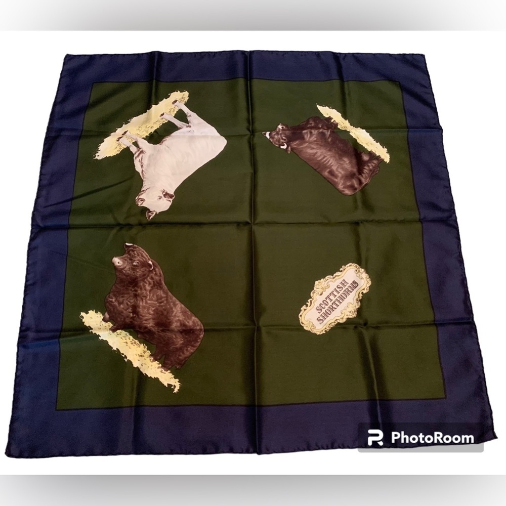 Designer Silk Scarf with Bear Motif - Navy & Olive
